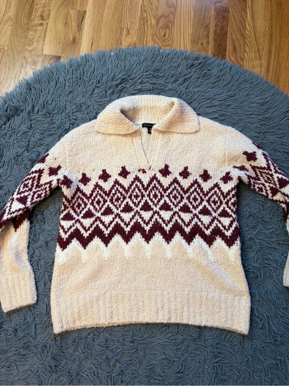 Saks Fifth Avenue Chunky Cream Sweater Burgundy Fair Isle Pattern Size S